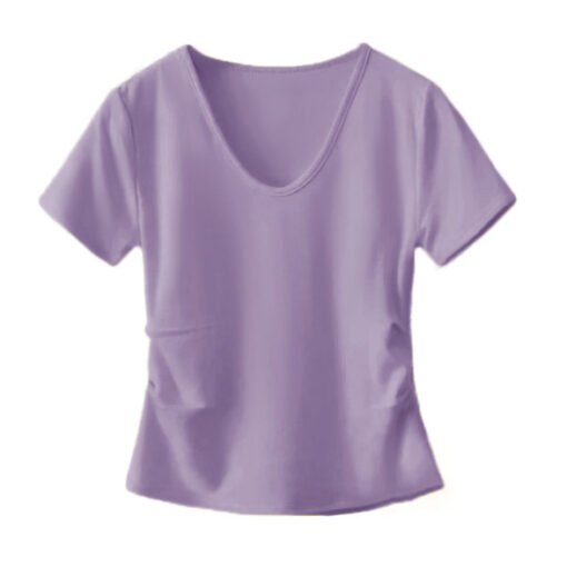 Vapetix M-XXXL  White V-neck Short-sleeve T-shirt for Women - 2025 New Design Fitted Waist with Pleated Texture and - Pilt 4