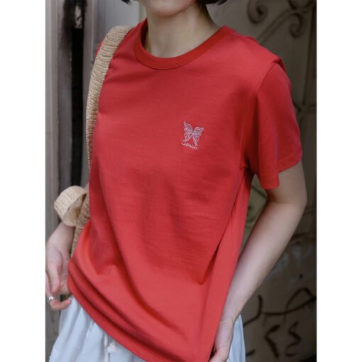 Vapetix Free Size-Free Size  Timeless Retro Adventure Butterfly Embroidery High-Thread Cotton T-Shirt Ribbed Crew Neck Loose Hoo - Pilt 4
