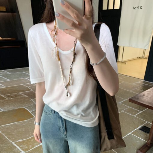 Vapetix S-L  Laycel Tencel Elegant Straight Shoulder U-Neck Short Sleeve T-Shirt for Women - 2025 Summer Basic S - Pilt 4