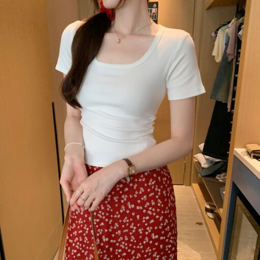 Vapetix S-XL  Basic Style Elegant Square Neckline Straight Shoulder Short Sleeve T-Shirt Women's Summer Ribbed So