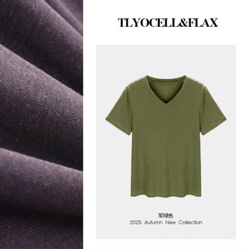 Vapetix M-XXXL  【V-neck T-shirt made of Tencel linen】Short-sleeve women's T-shirt, 25th summer, regular shoulder le - Pilt 2