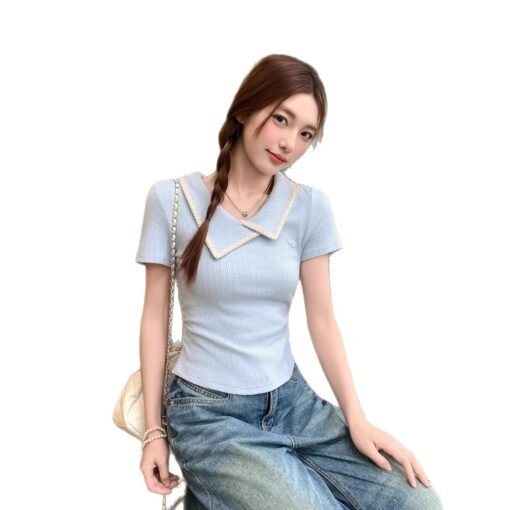 Vapetix S-XL  Irregular Collar Short-Sleeve Women's Summer 2025 New Design Fitted Waist Slimming Straight Shoulde