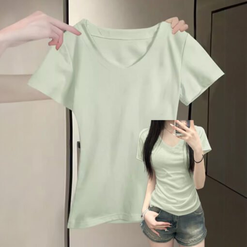 Vapetix S-L  V-neck, straight shoulder, short-sleeved t-shirt for women, summer thin style 2025 new slimming wai - Pilt 5