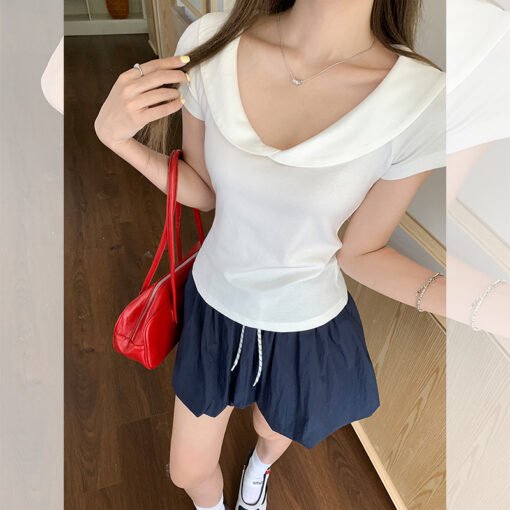 Vapetix S-XL  White Polo Collar Short Sleeve T-Shirt for Women 2025 Summer New Slim Waistband Slimming Top - Pilt 4