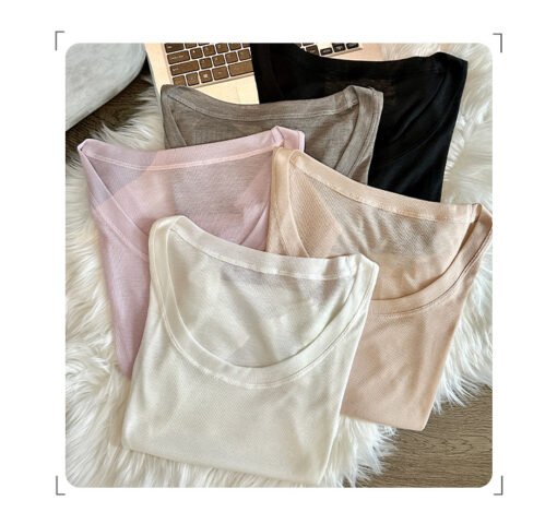 Vapetix S-XL  Thin Pure Desire U-neck Straight Shoulder Short-sleeved T-shirt Women 2025 Summer Solid Color Slimm - Pilt 3