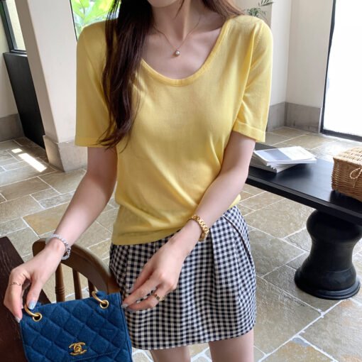 Vapetix S-L  Laycel Tencel Elegant Straight Shoulder U-Neck Short Sleeve T-Shirt for Women - 2025 Summer Basic S - Pilt 5