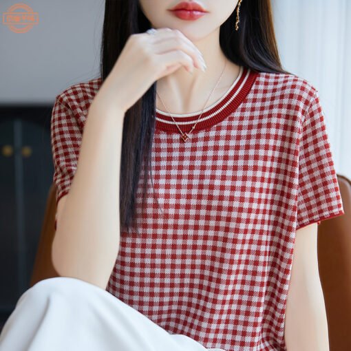 Vapetix M-XL  Korean-style Lyocell Tencel Knitted Short-Sleeve Summer New Checkered Fashion Matchable V-Neck Top - Pilt 3