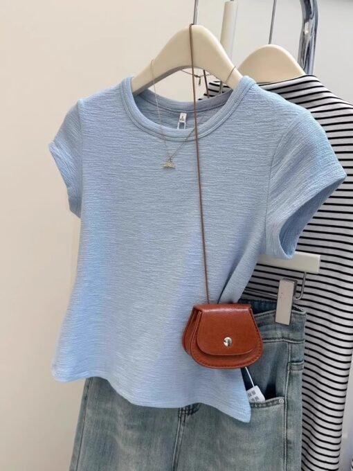 Vapetix S-XL  Texture pleated short-sleeve women's summer Korean-style slim fit top for layering or wearing alone - Pilt 4