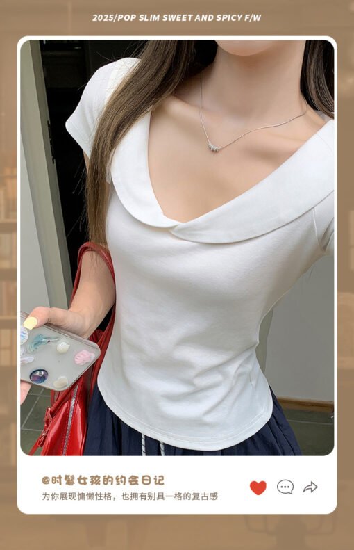 Vapetix S-XL  White Polo Collar Short Sleeve T-Shirt for Women 2025 Summer New Slim Waistband Slimming Top - Pilt 5