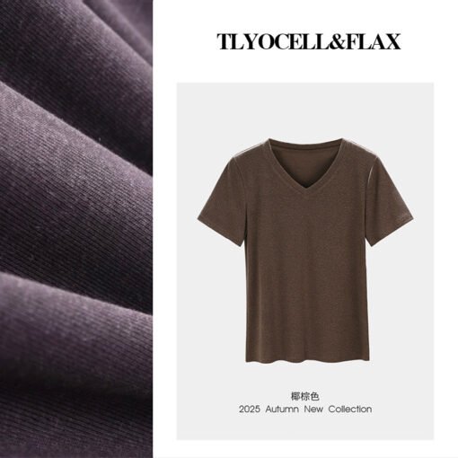 Vapetix M-XXXL  【V-neck T-shirt made of Tencel linen】Short-sleeve women's T-shirt, 25th summer, regular shoulder le - Pilt 3
