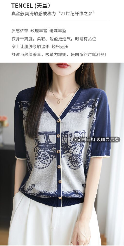 Vapetix M-XL  Vintage Brocade Lyocell Tencel V-Neck Knit Cardigan Short-Sleeve Women's Summer New Arrival Thin Ca - Pilt 2