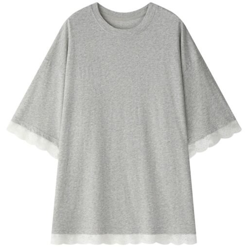 Vapetix Free Size-Free Size  Summer New Louvre Korean Relaxed Design Lace Splicing T-shirt for Women, Soft and Comfortable, Loos - Pilt 4