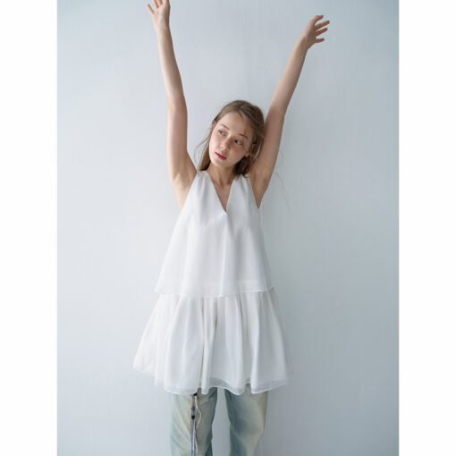 Vapetix S-M  Daihe Summer New Casual V-neck Ballet chiffon Split Style Simple Pleated Backless Dress H8941 - Billede 3