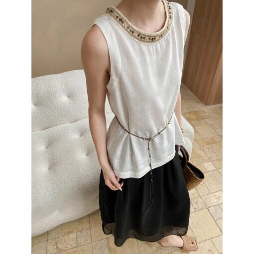 Vapetix M-L  Sinan Style Island Linen Blend Ethnic Style Woven Beaded Round Neck Temperature Sleeveless Vest SN7 - Obrázek 4