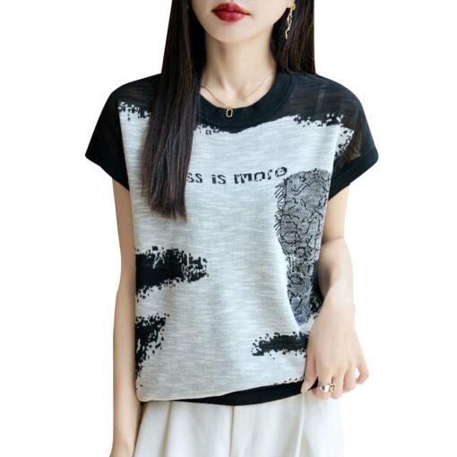 Vapetix M-XXL  Artistic Contrast Color Letter Embroidered Short Sleeve Women's Sleeveless Small Flying Sleeve Summ - Pilt 5