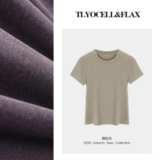 Vapetix M-XXXL  Round Neck T-shirt for Women with Tencel and Linen Blend, Short Sleeve, 25th Summer, Regular Should - Pilt 3