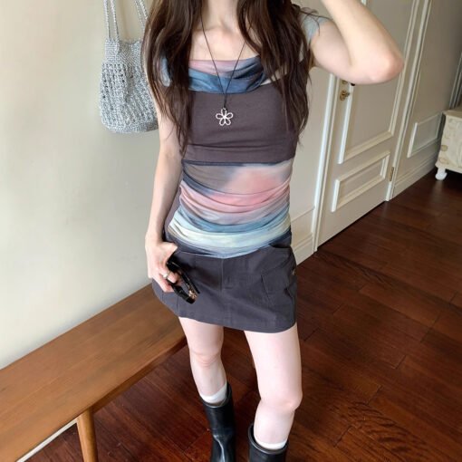 Vapetix S-L  Design-inspired artistic ombre mesh sleeveless t-shirt for women, summer 2025 new unique skinny top - 图片 5