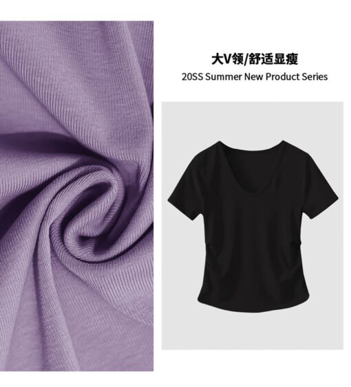 Vapetix M-XXXL  White V-neck Short-sleeve T-shirt for Women - 2025 New Design Fitted Waist with Pleated Texture and - Pilt 5