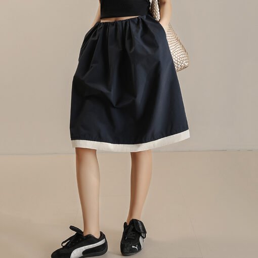 Vapetix S-L  Summer Women's Simple Contrast Color Edge Stitching A- line Skirt Skirt Tibetan Blue Elapsto Waist