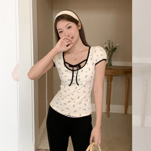 Vapetix S-XL  Pure Desire U-Neck Tie-Dye Floral Short-Sleeve Women's Regular Shoulder T-Shirt Summer New Slimming - 图片 3