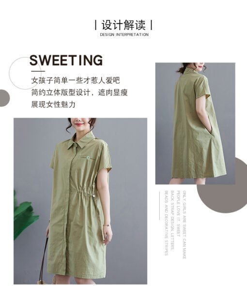 Vapetix L-2XL  New summer literary loose solid color lapel short-sleeved dress for women's mid-length shirt skirt - Pilt 4