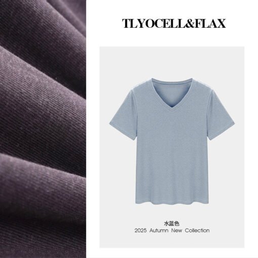 Vapetix M-XXXL  【V-neck T-shirt made of Tencel linen】Short-sleeve women's T-shirt, 25th summer, regular shoulder le - Pilt 5