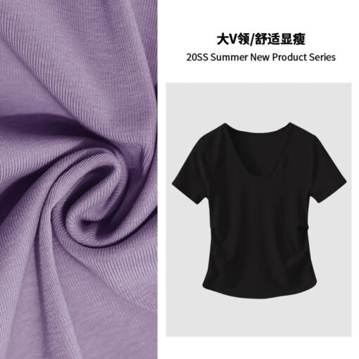 Vapetix M-XXXL  White V-neck Short-sleeve T-shirt for Women - 2025 New Design Fitted Waist with Pleated Texture and - Pilt 6