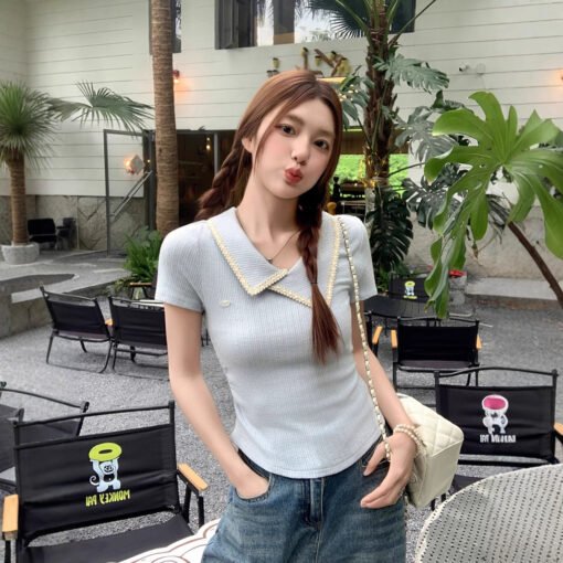 Vapetix S-XL  Irregular Collar Short-Sleeve Women's Summer 2025 New Design Fitted Waist Slimming Straight Shoulde - Pilt 2