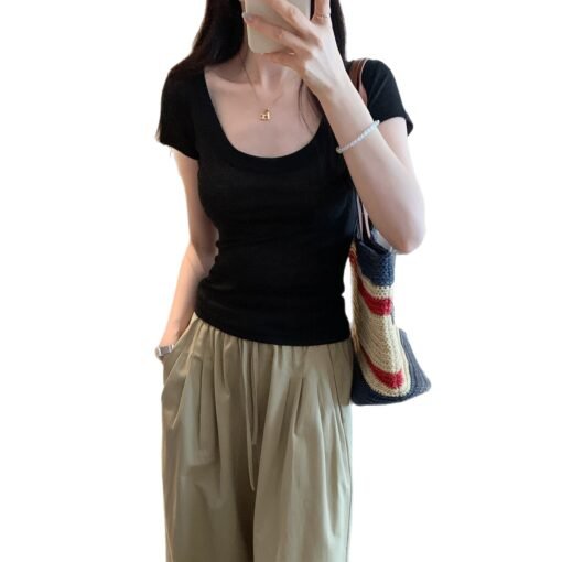 Vapetix S-XL  Thin Pure Desire U-neck Straight Shoulder Short-sleeved T-shirt Women 2025 Summer Solid Color Slimm - Pilt 4