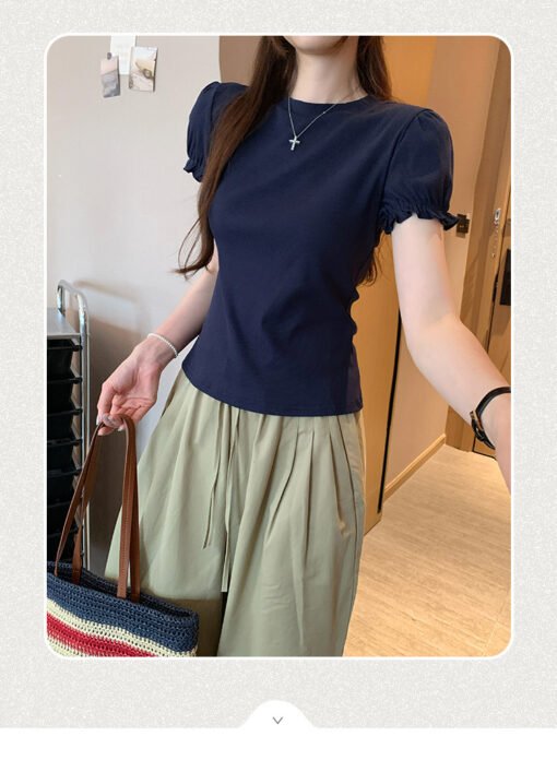 Vapetix S-XL  Stylish Retro Round Neck Straight Shoulder Bubblesleeve T-Shirt for Women - Summer Fitted Slimming - Pilt 5