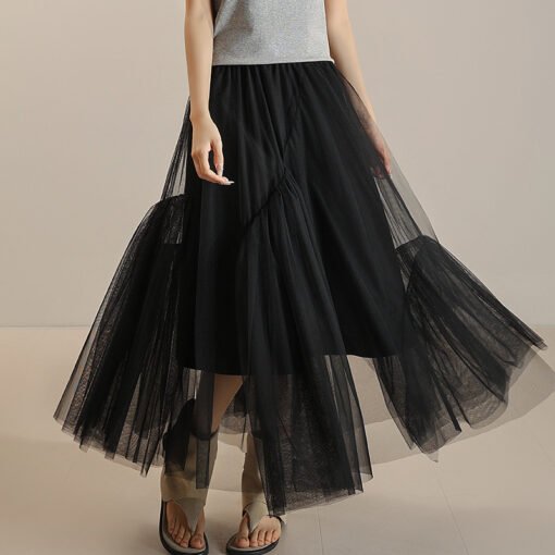 Vapetix M-L  Spring and summer women's Jiangnan mesh stitching elastic waist skirt irregular mid-length mesh ski - 图片 4