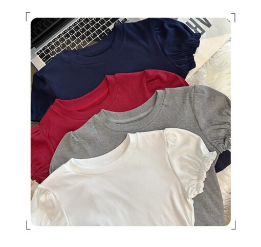 Vapetix S-XL  Stylish Retro Round Neck Straight Shoulder Bubblesleeve T-Shirt for Women - Summer Fitted Slimming - Pilt 6