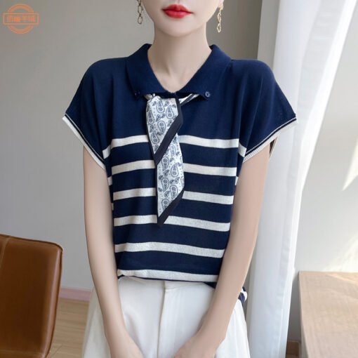 Vapetix M-XL  Women's Fashionable Short-Sleeve Summer Silk Knit Shirt with Collar and Silk Scarf Design, Stylish - Pilt 3