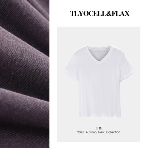Vapetix M-XXXL  【V-neck T-shirt made of Tencel linen】Short-sleeve women's T-shirt, 25th summer, regular shoulder le - Pilt 6
