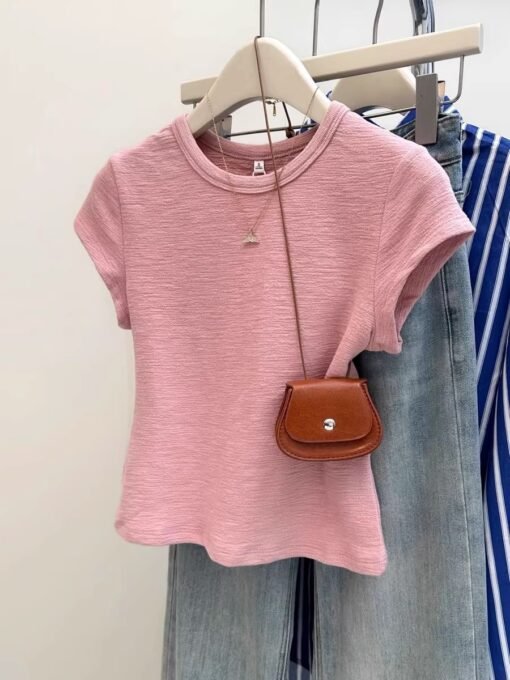 Vapetix S-XL  Texture pleated short-sleeve women's summer Korean-style slim fit top for layering or wearing alone - Pilt 5