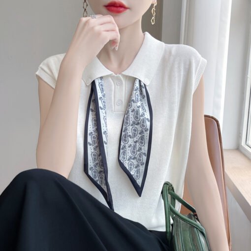 Vapetix M-XL  Women's Fashionable Short-Sleeve Summer Silk Knit Shirt with Collar and Silk Scarf Design, Stylish - Pilt 4