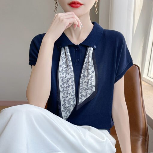 Vapetix M-XL  Women's Fashionable Short-Sleeve Summer Silk Knit Shirt with Collar and Silk Scarf Design, Stylish - Pilt 5