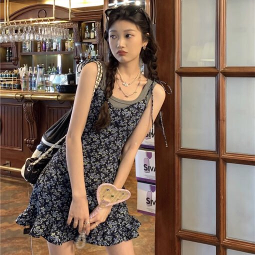 Vapetix S-XL  Sweet hot girls retro floral dress women's summer French waist-hugging slim suspender skirt small s - Kuva 2
