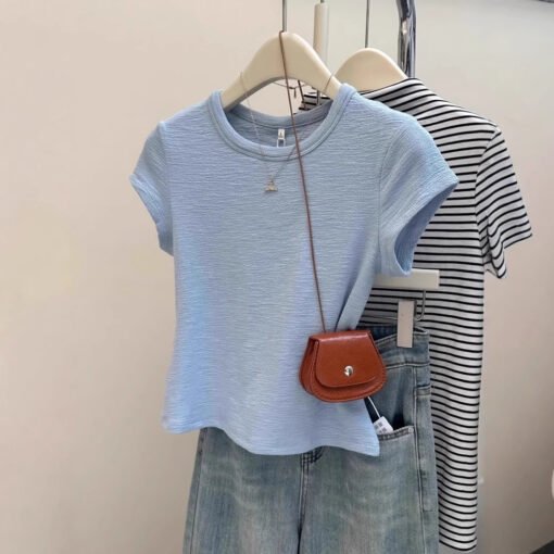 Vapetix S-XL  Texture pleated short-sleeve women's summer Korean-style slim fit top for layering or wearing alone - Pilt 6