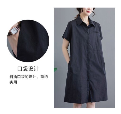 Vapetix L-2XL  New summer literary loose solid color lapel short-sleeved dress for women's mid-length shirt skirt - Pilt 5