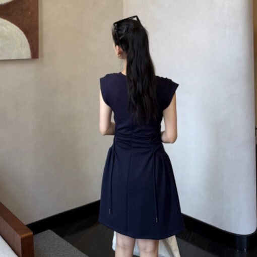 Vapetix S-M  DIGM Minimalist Criss-Cross Belted Waist Short Skirt 2025 Spring U-Neck Drawstring Short-Sleeve Dre - Billede 4