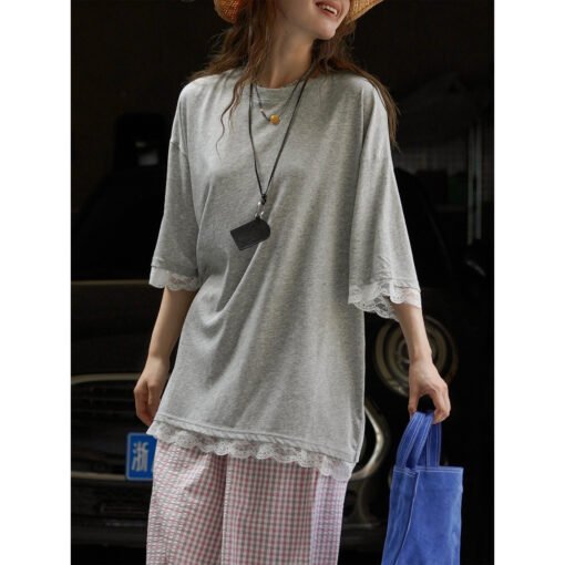 Vapetix Free Size-Free Size  Summer New Louvre Korean Relaxed Design Lace Splicing T-shirt for Women, Soft and Comfortable, Loos - Pilt 5