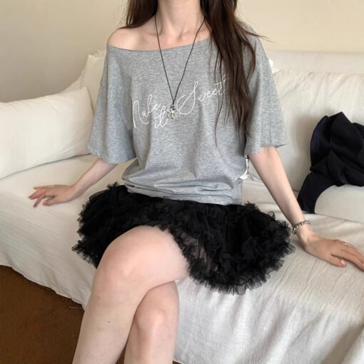 Vapetix S-M  Lazily Off-the-Shoulder Short-Sleeve Women's T-Shirt Summer 2025 New Korean Style Loose and Slimmin - Pilt 7
