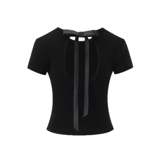 Vapetix S70-85 pounds-L100-115 pounds  Retro Short Sleeve Top with Lace-Back Bodice, Buttoned Bowknot, and Sensual Style - Kuva 2