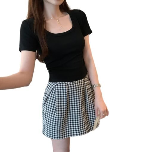 Vapetix S-XL  Basic Style Elegant Square Neckline Straight Shoulder Short Sleeve T-Shirt Women's Summer Ribbed So - Pilt 4