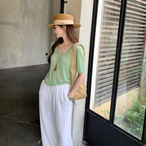 Vapetix S-L  Laycel Tencel Elegant Straight Shoulder U-Neck Short Sleeve T-Shirt for Women - 2025 Summer Basic S - Pilt 6