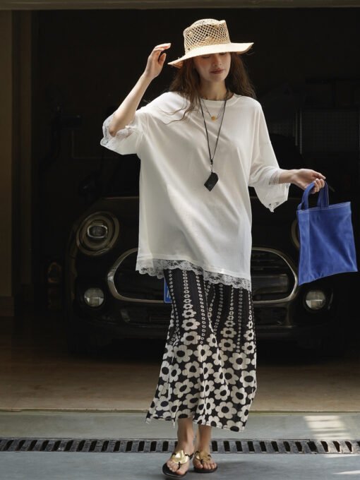 Vapetix Free Size-Free Size  Summer New Louvre Korean Relaxed Design Lace Splicing T-shirt for Women, Soft and Comfortable, Loos - Pilt 6