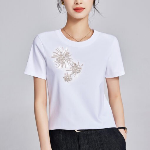 Vapetix M-XXXL  Heavy Industry 2025 Summer New Fashion Embroidered Bead Round Neck Short Sleeve Top Casual Matchabl - Pilt 5