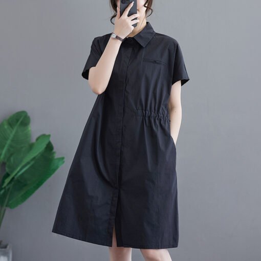 Vapetix L-2XL  New summer literary loose solid color lapel short-sleeved dress for women's mid-length shirt skirt - Pilt 7