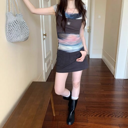 Vapetix S-L  Design-inspired artistic ombre mesh sleeveless t-shirt for women, summer 2025 new unique skinny top - 图片 6